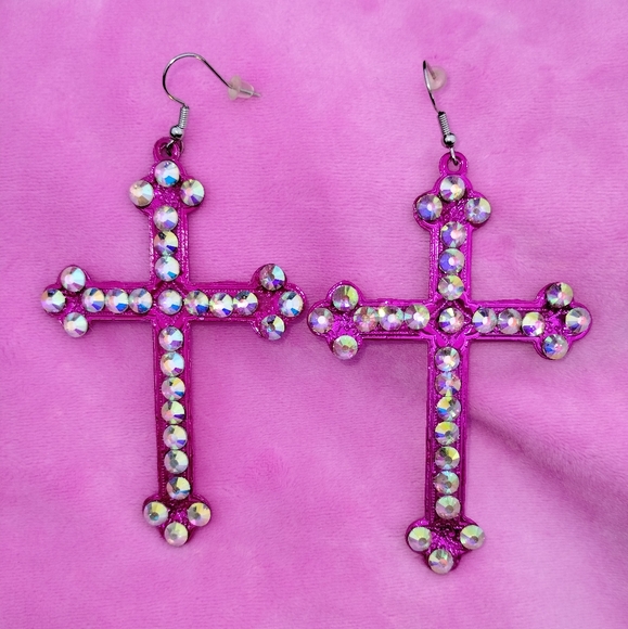 NWOT Large Pink Crystal Cross Earrings - Picture 2 of 3
